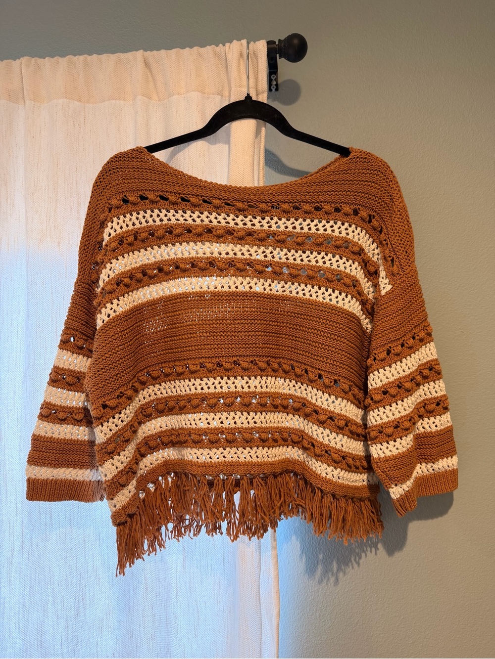 Lou & Grey Rust and Cream Striped Crochet Fringe Sweater Top - Picture 2 of 4